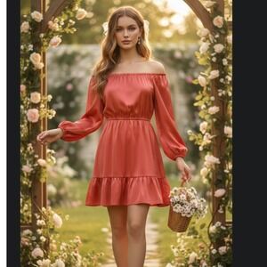 HYFVE Large coral Ruffle‎ babydoll satin mini Dress coquette cottage romantic
